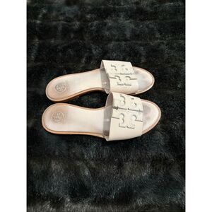 TORY BURCH Pink Leather Logo Slide Sandals Womens Shoes 7 summer classy